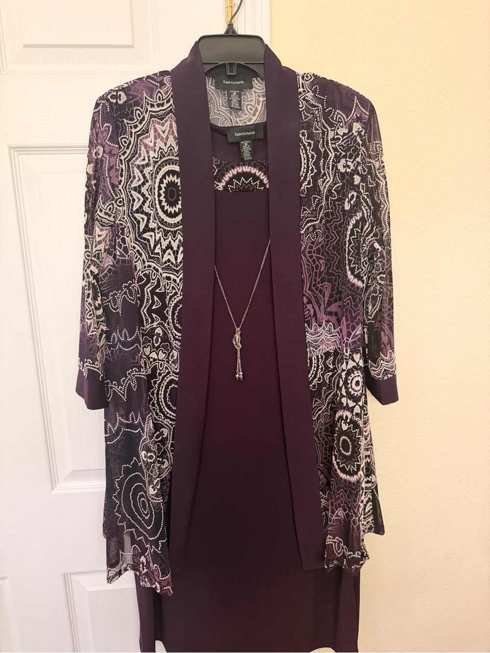 R&M Richards Plum Two-Piece Knit Dress with Printed Cardigan